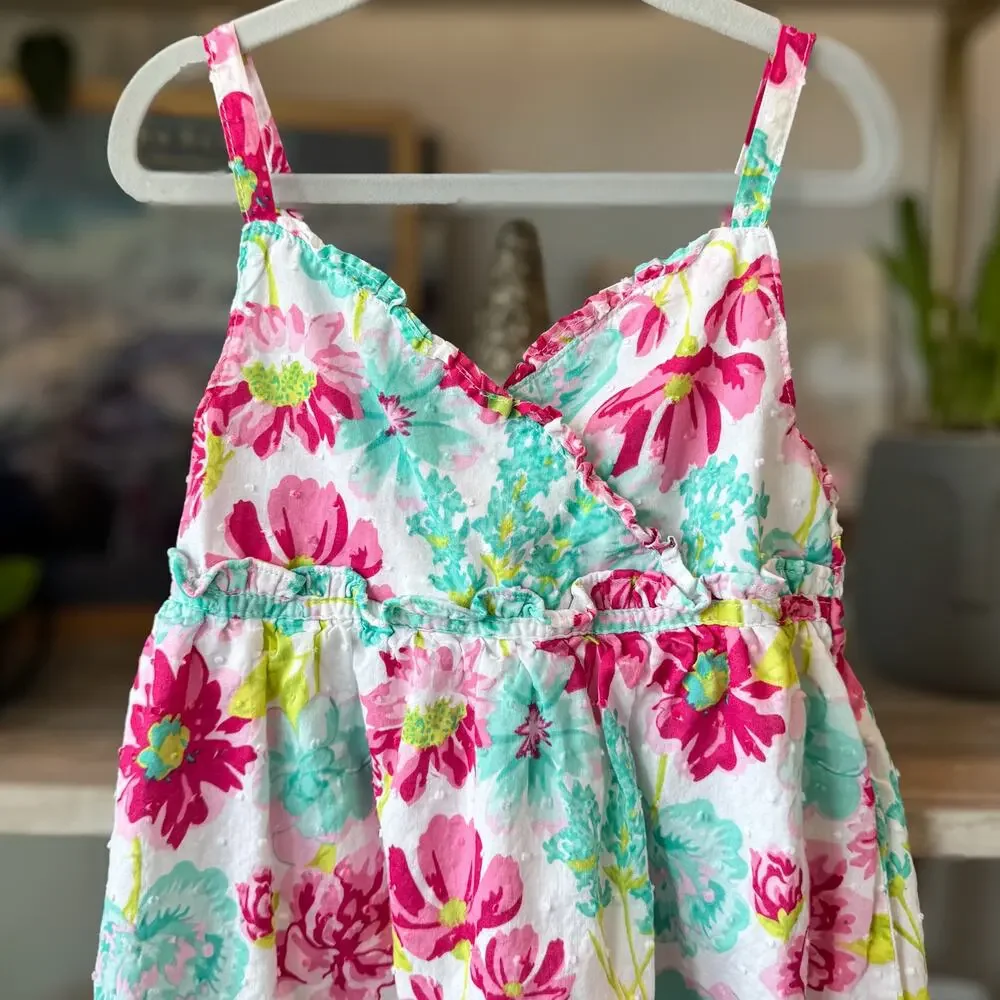 Penelope Mack Girls Floral Smocked Sundress Pink Teal White Lined Size 6 Preppy